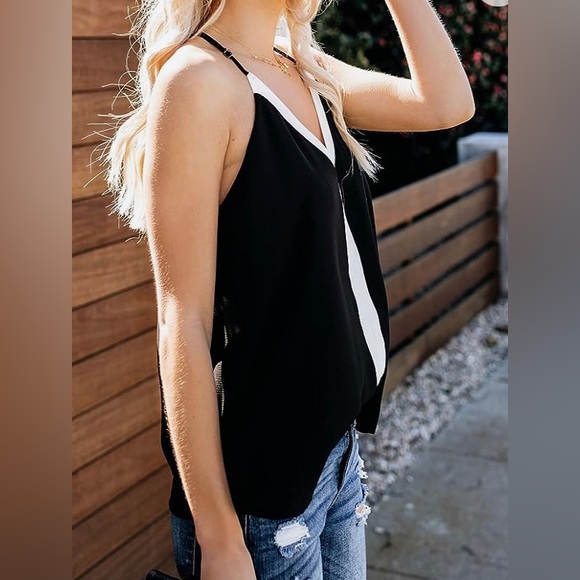 Women’s black V Neck Strappy Tank Tops Loose,size M,slimming white middle stripe - Picture 4 of 4